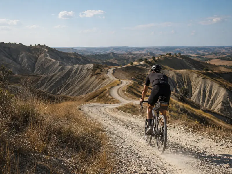 Ciclista gravel su strada bianca tra i calanchi di Mondaino