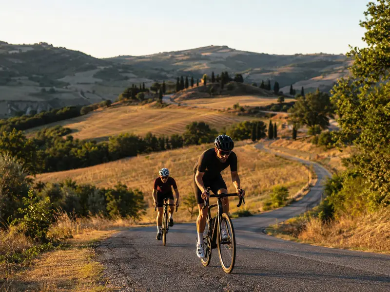 Ciclista su strada panoramica tra le colline del Montefeltro