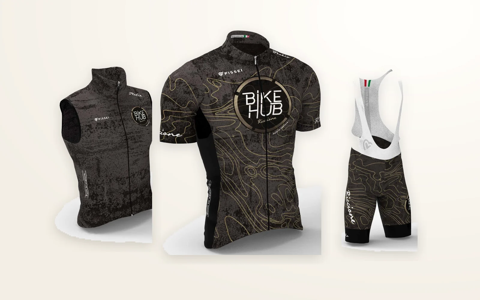 Gilet, maglia e salopette della collezione Pissei x Bike Hub Riccione, linea Explore