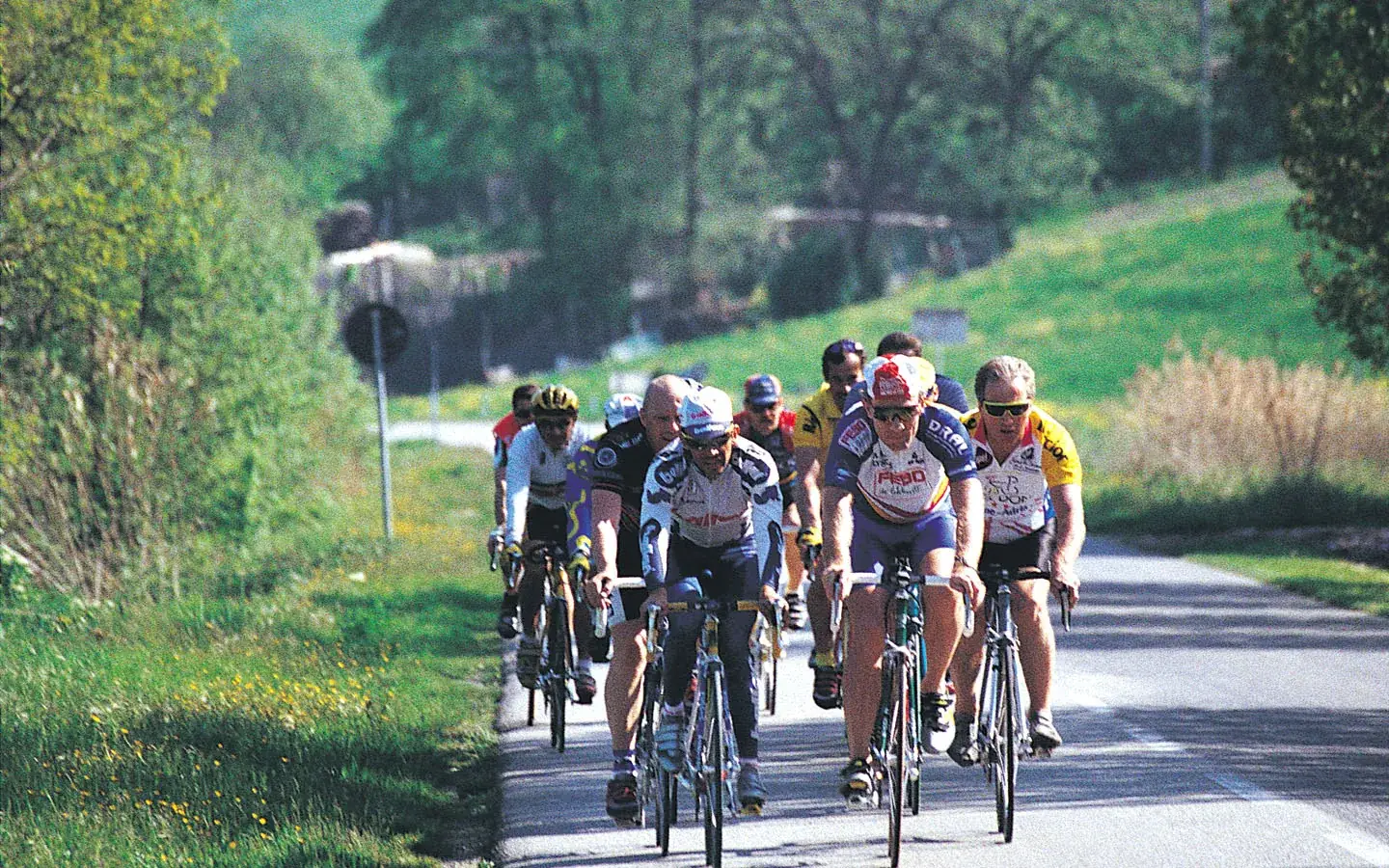Gruppo di ciclisti su una strada di campagna dell'entroterra romagnolo, 1998