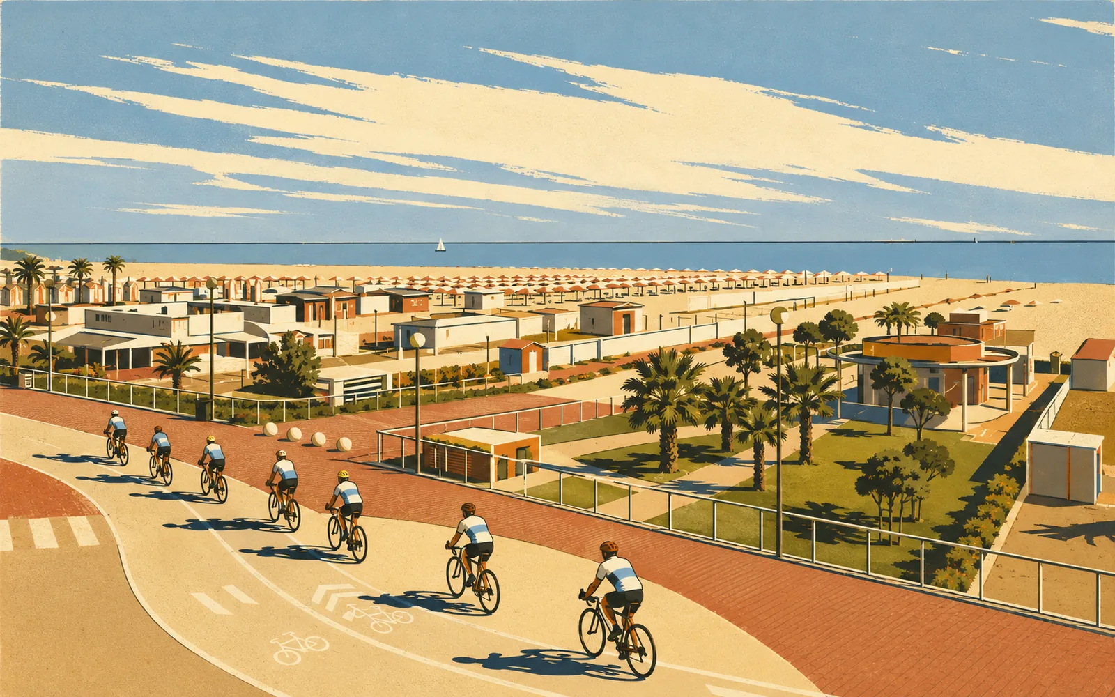 Illustrazione della pista ciclabile di Riccione lungo il mare, con ciclisti, cabine e ombrelloni