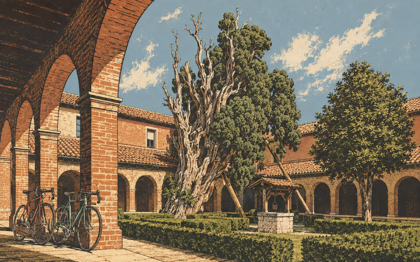 Illustrazione del Cipresso di San Francesco nel chiostro del convento di Santa Croce, con due bici da corsa sotto il portico