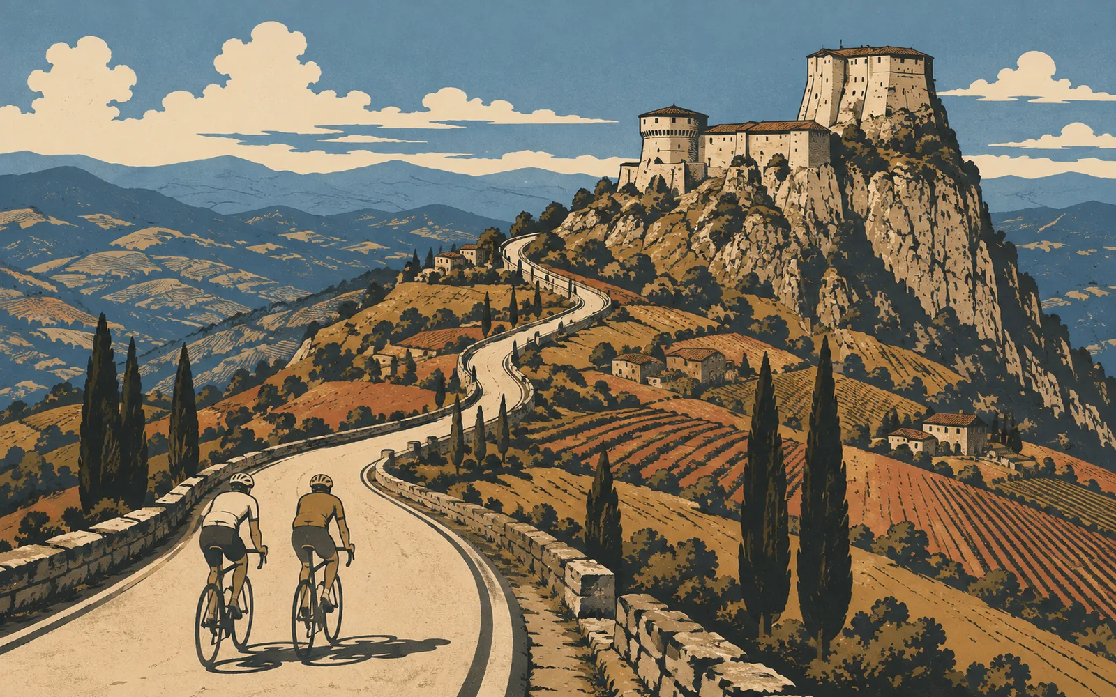 Illustrazione del Montefeltro in bici, con la strada che sale verso una rocca medievale fra colline e cipressi