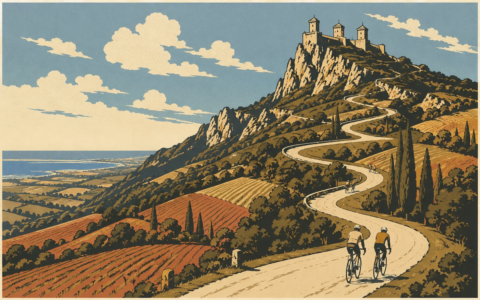 Illustrazione della salita da Riccione a San Marino in bici, con la strada a tornanti e le tre torri del Monte Titano