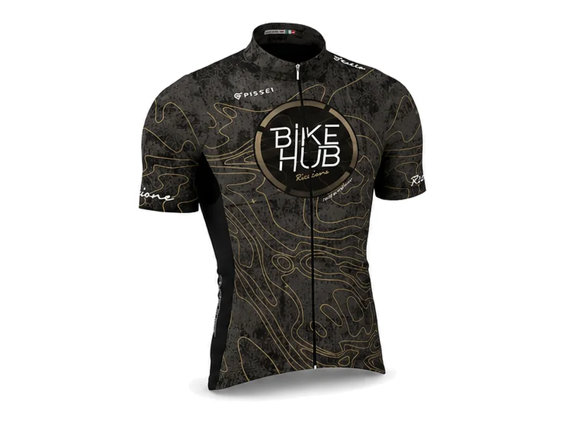 Maglia da bici Pissei x Bike Hub Riccione linea Explore, nera con curve di livello oro