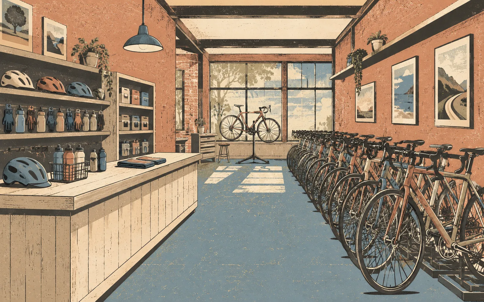 Illustrazione dell'interno del negozio Bike Hub a Riccione, con la fila di bici da corsa e il bancone