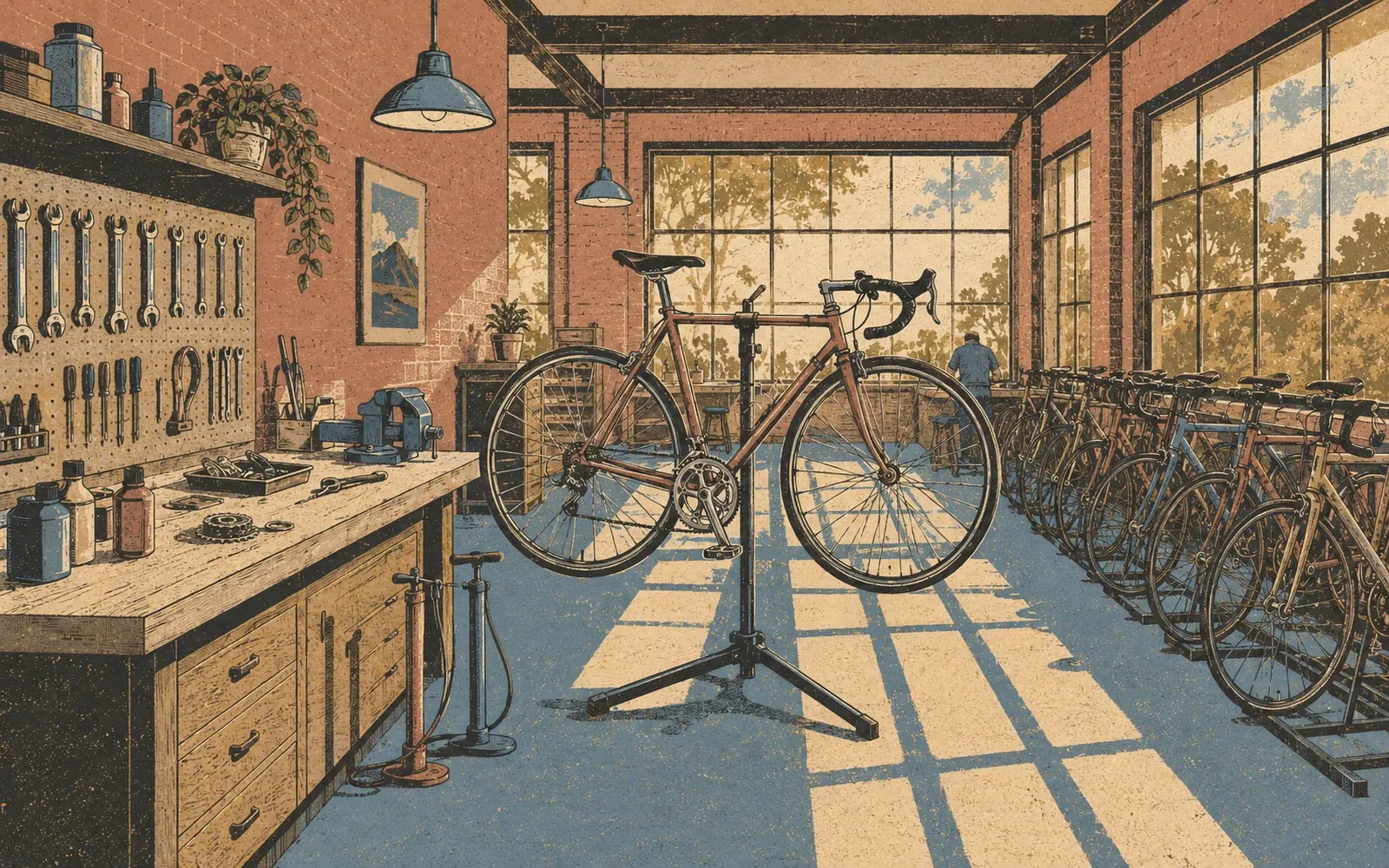 Illustrazione dell'officina Bike Hub a Riccione, con una bici da corsa sul cavalletto da lavoro e la fila di bici della flotta