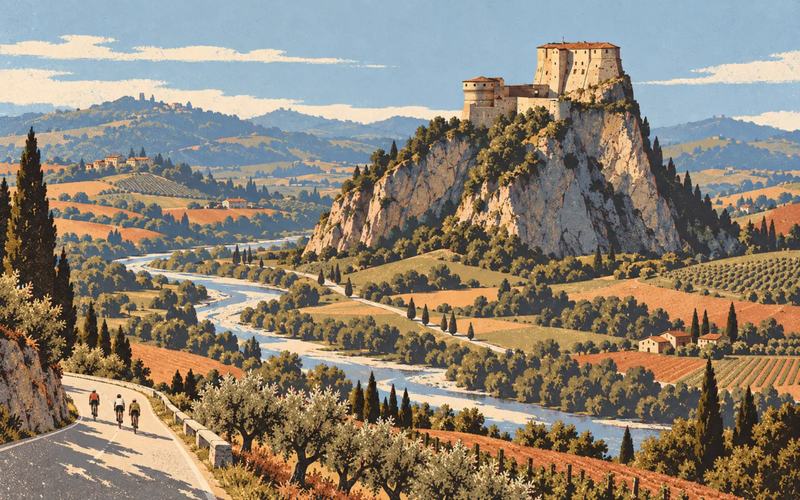 Illustrazione della Valle Marecchia in bici, con il fiume nel fondovalle, la strada fra gli ulivi e la fortezza di San Leo sullo sperone di roccia