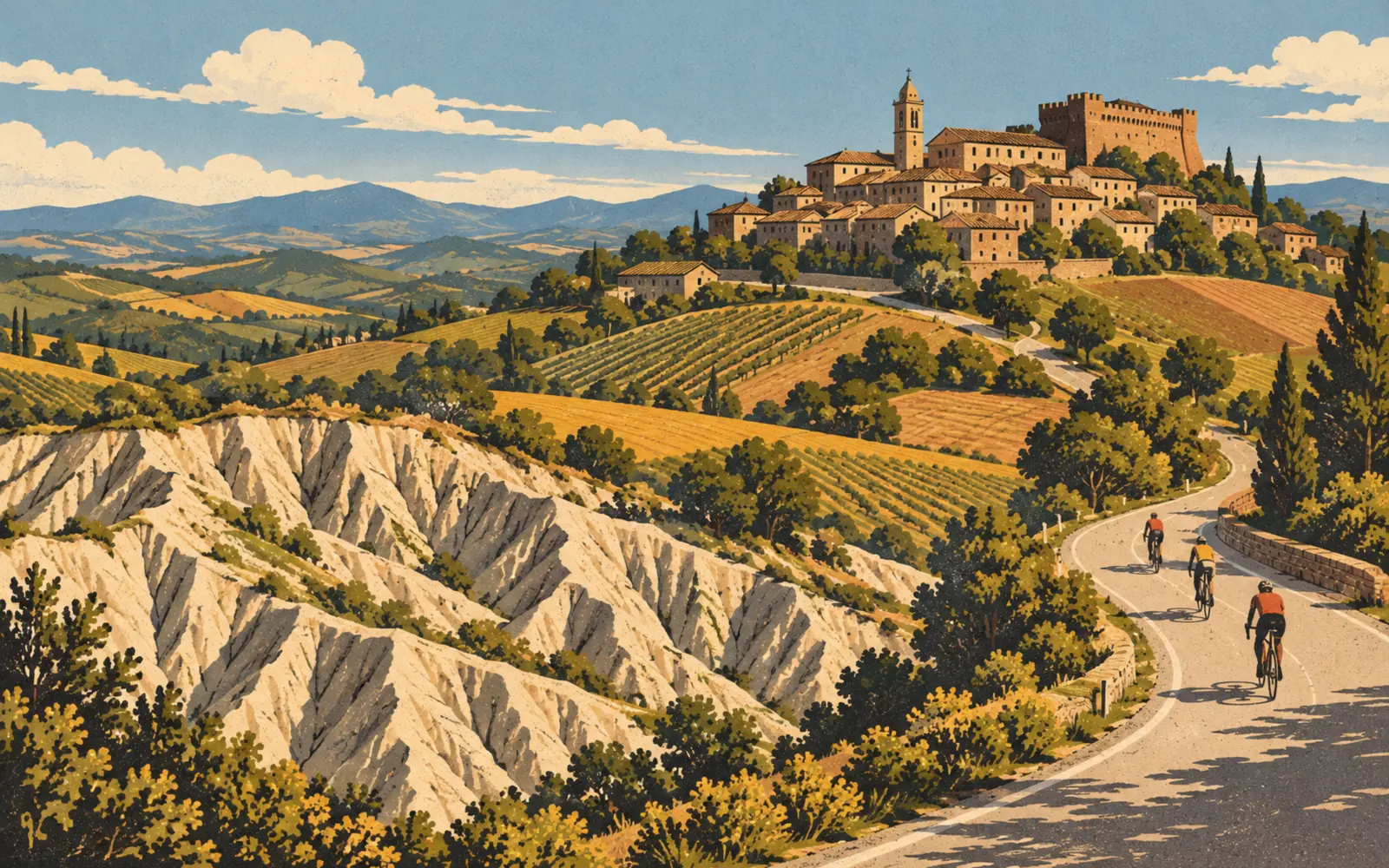 Illustrazione dei calanchi di Mondaino in bici, con i pendii argillosi, i vigneti della Valconca e il borgo con la Rocca Malatestiana sul crinale