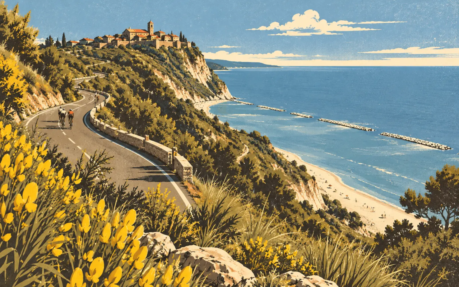 Illustrazione della strada panoramica del San Bartolo in bici, con le curve sopra le falesie, le ginestre in fiore e il borgo di Fiorenzuola di Focara sul promontorio